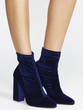 NIB Tamara Mellon Caress 105 Blue Stretch Velvet Ankle Sock Boots Sz 40.5